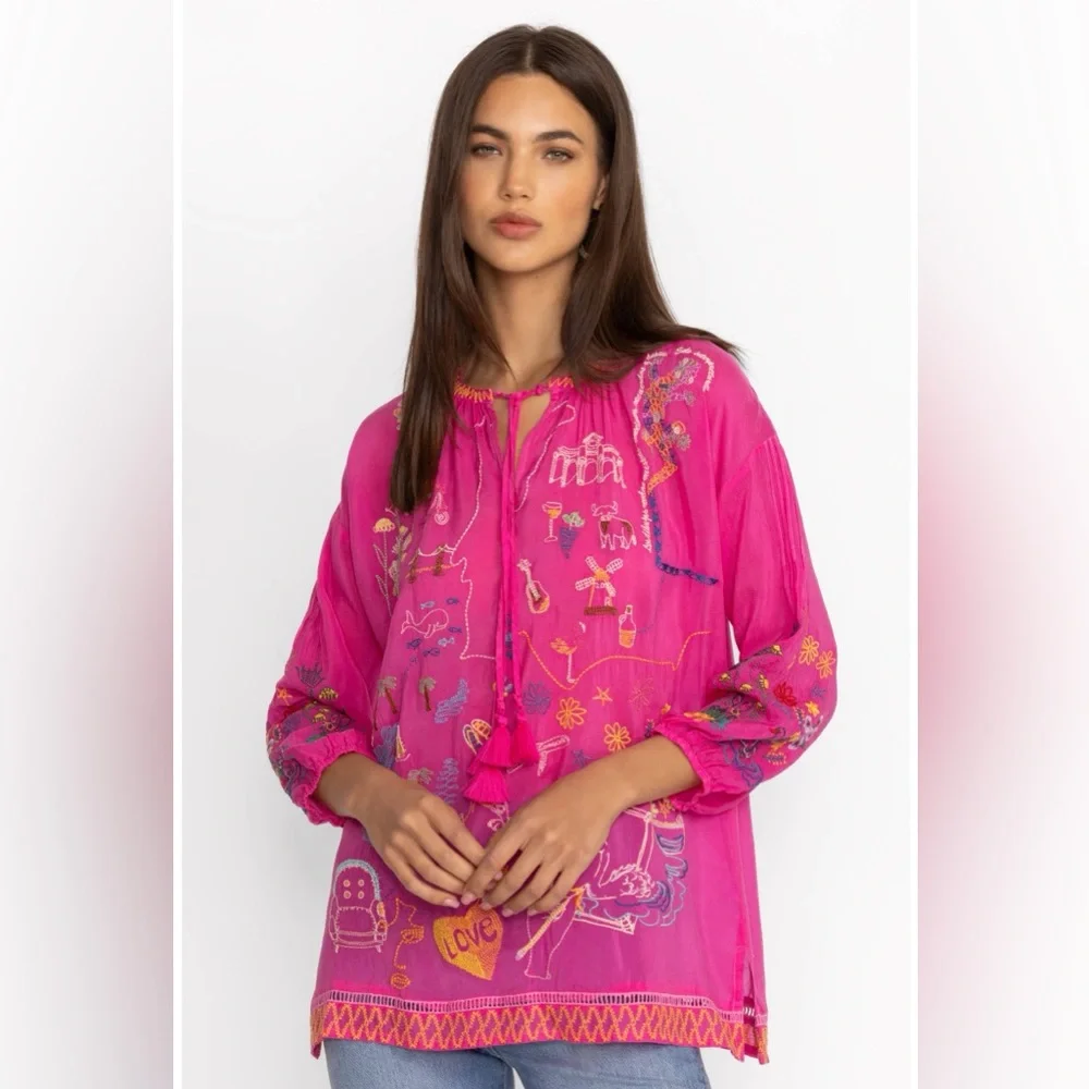 JOHNNY WAS Zadonia Embroidered Tie Neck Blouse in Fuchsia Pink